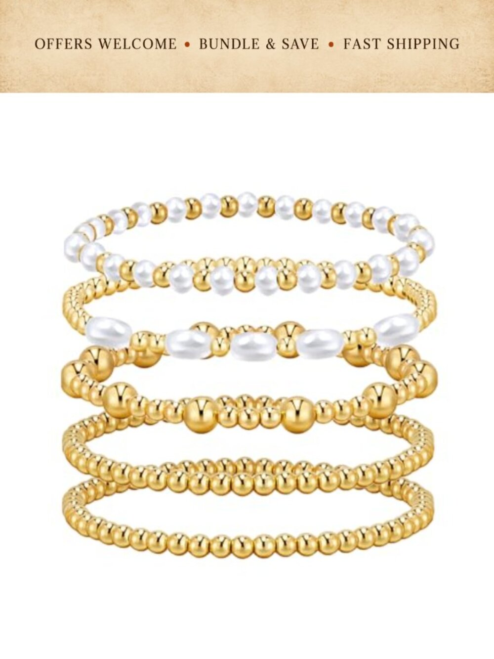 14k Gold Plated Beaded Bracelet Set Pearl Stretch Stackable